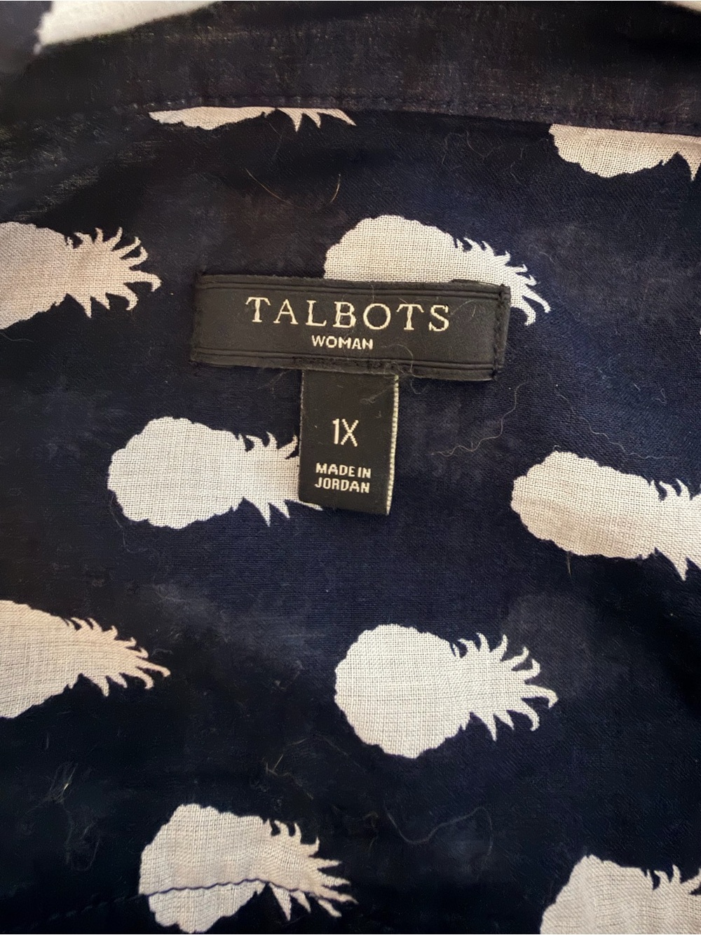Talbots Women's Navy Blue Pineapple Print Button Up Shirt 1X Cotton Long Sleeve - Picture 6 of 8